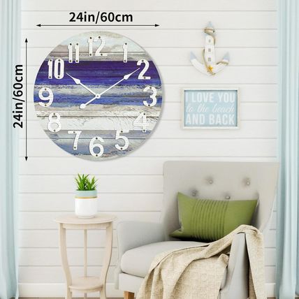 MODE HOME Beach Blue 24 Inch Large Wall Clock, Rustic Vintage Beach Wall Decor C