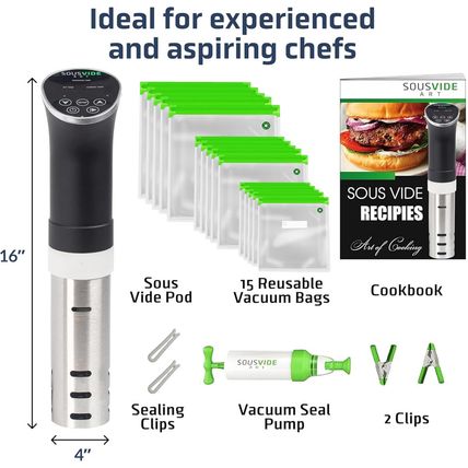 SOUSVIDE ART Sous Vide Cooker Kit - 1000W Immersion Circulator - 15 Vacuum Bags,
