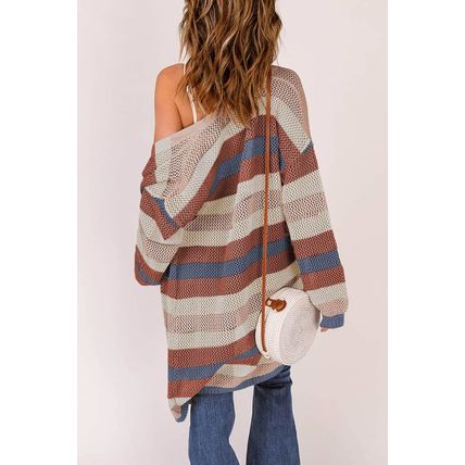 Blue Striped Color Block Hollowed Knit Cardigan