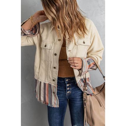 Button Up Pockets Striped Color Block Corduroy Jacket