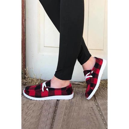 Red Vintage Plaid Lacing Decor Flat Shoes