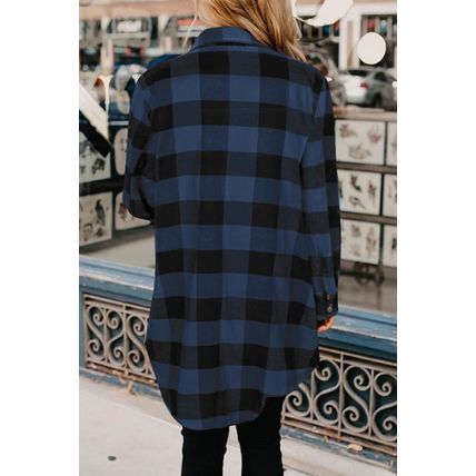 Blue Turn-down Collar Plaid Shirt Jacket