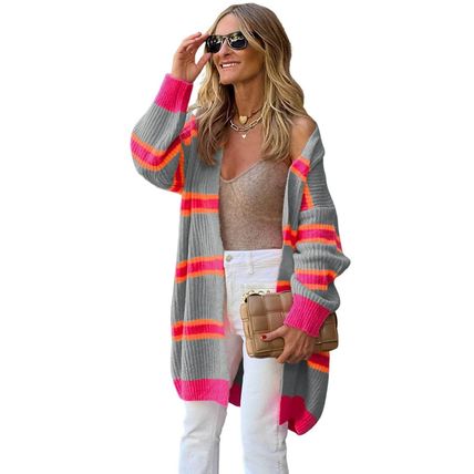 Medium Grey Stripe Printed Ribbed Long Knitted Cardigan