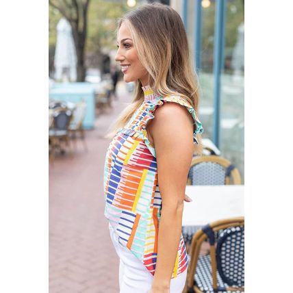 Multicolor Striped Print High Neck Flutter Top