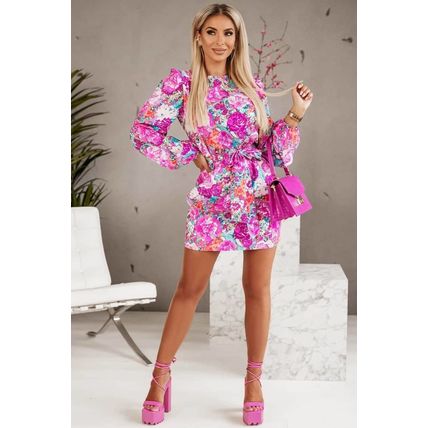Purple Floral Keyhole Back Long Sleeve Belted Dress