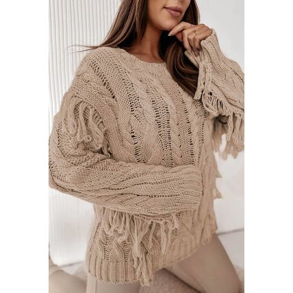 Parchment Tasseled Braided Knit Sweater