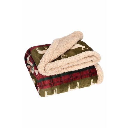 Dark Green Christmas Elk Print Reversible Sherpa Fleece Blanket 130*150cm