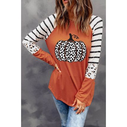 Orange Leopard Pumpkin Graphic Contrast Long Sleeve Top