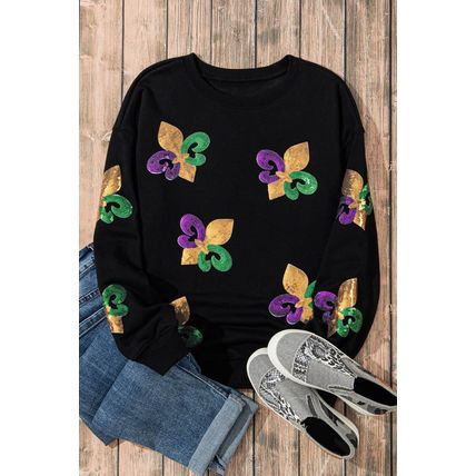 Black Sequin Mardi Gras Graphic Pullover Sweatshirt