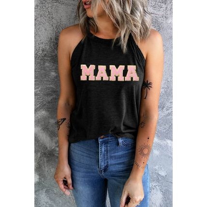 Black MAMA Chenille Patched O Neck Tank Top