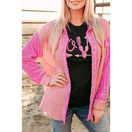 Apricot Pink Mineral Wash Sequin Patchwork Flap Pocket Shacket
