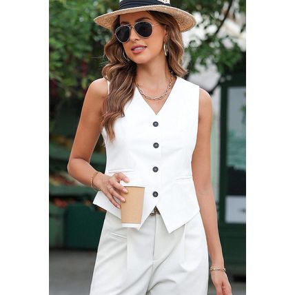 White Solid Color Button up V Neck Suit Vest