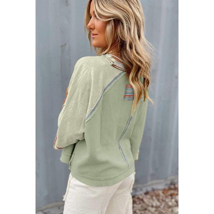 Meadow Mist Green Waffle Knit Wide Bracelet Sleeve Patchwork Raglan Top