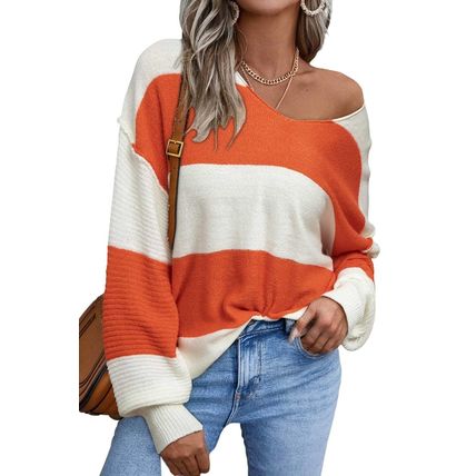 Orange Stripe Loose Color Block Drop Shoulder Bubble Sleeve Sweater