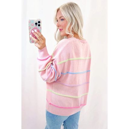 Pink Rainbow Stripes Drop Shoulder Baggy Henley Sweater
