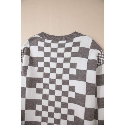 Gray Checkered Print Drop Shoulder Round Neck Sweater