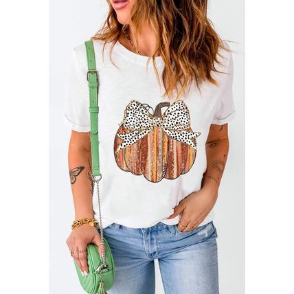 White Thanksgiving Bow Knot Pumpkin Print Round Neck T Shirt