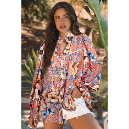 Orange Floral Print Shirred Cuff Buttoned Loose Shirt