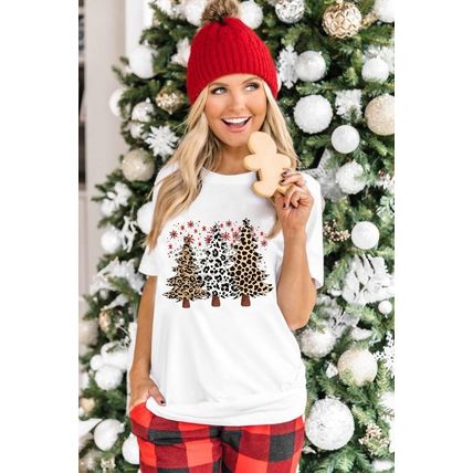 White Leopard Christmas Tree Graphic Crewneck Tee