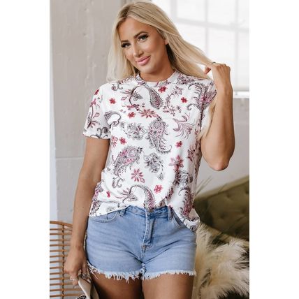 White Vintage Paisley Mock Neck T Shirt