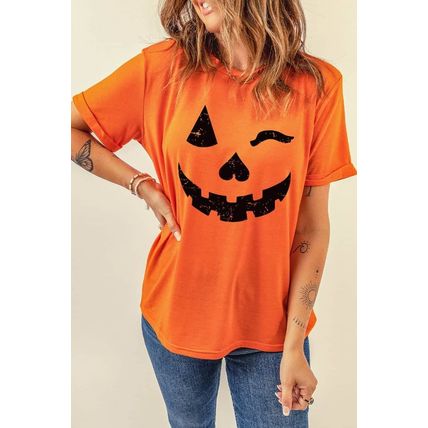 Orange Halloween Pumpkin Face Print Crew Neck T Shirt