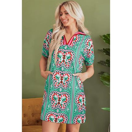 Mint Green Geometric Butterfly Print Split Neck Short Sleeve Dress