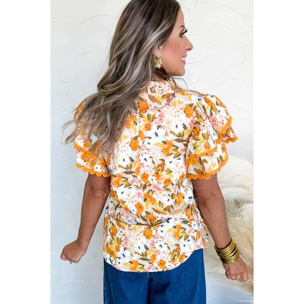 Russet Orange Ruffled V Neck Scalloped Short Sleeve Floral Blouse