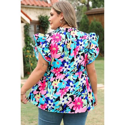 Blue Floral Flutter Sleeve Tied Notched Neck Plus Size Blouse