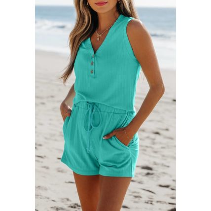 Mint Green Ribbed Button V Neck Tank Top and Shorts Set