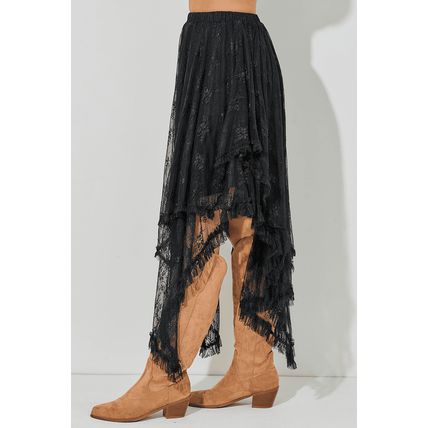 Black Lace Cascading Tiered High Waist Maxi Skirt
