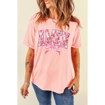 Pink Floral AMEN Bow Graphic Crewneck T Shirt