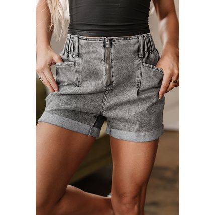 Gray Zipped Light Wash Cuffed Edge Denim Shorts