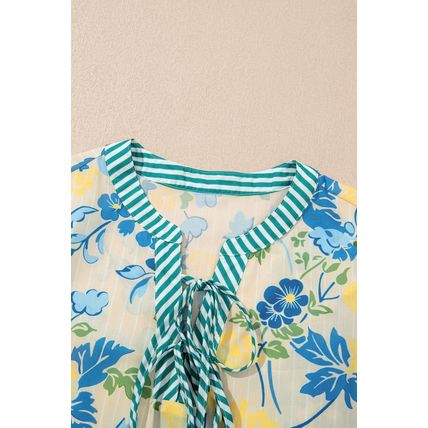 Blue Floral Striped Trim Puff Short Sleeve Dress