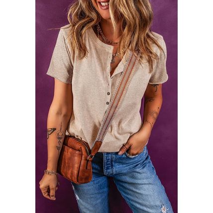 Oatmeal Short Sleeve Half Button Ribbed Knit Top