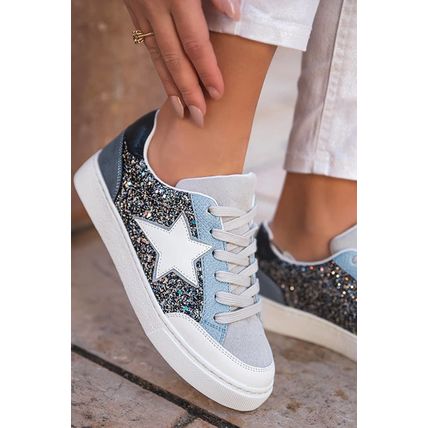 Silvery Star Glitter Patchwork Lace-up Sneakers