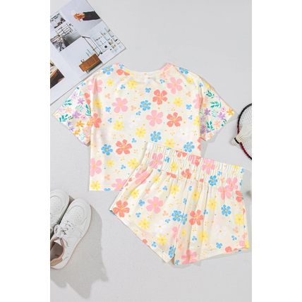 Apricot Floral Print Crop Top Wide Leg Short Set