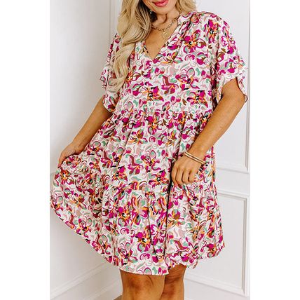 White Abstract Print V Neck Short Sleeve Ruffled Plus Size Mini Dress