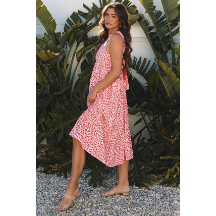 Pink Geometric Print Knot Back Sleeveless Ruffle Hem Dress