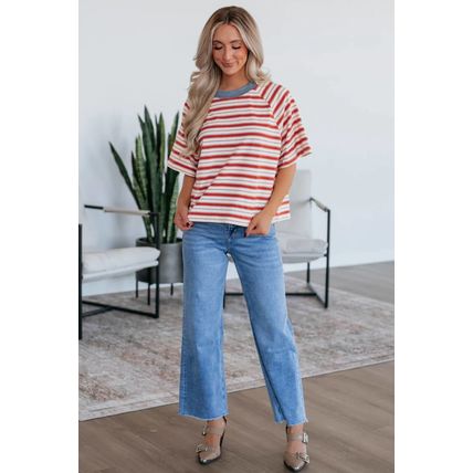 Tomato Red Stripe Print Contrast Collar Raglan Sleeve T Shirt