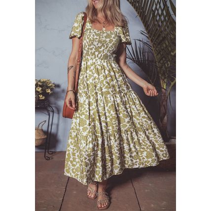 Yellow Boho Floral Square Neck Smocked Bust Puff Sleeve Tiered Long Dress