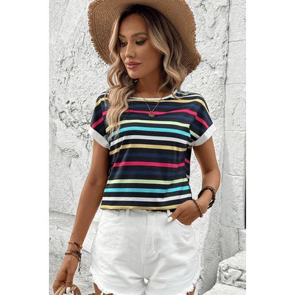 Black Stripe Multicolor Contrast Edge Crew Neck T Shirt