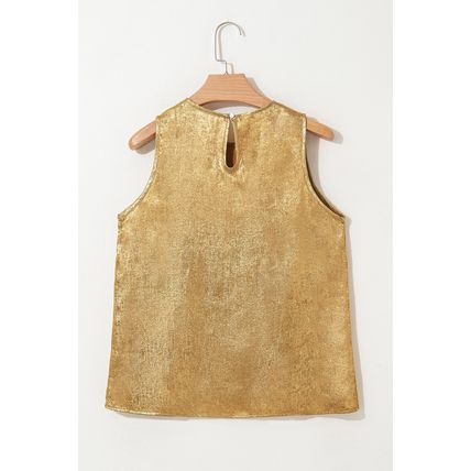 Gold Metal Textured Round Neck Casual Tank Top