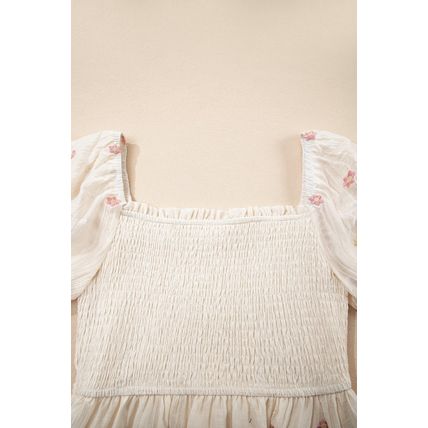 Beige Embroidered Flower Smocked Bust Half Puff Sleeve Empire Waist Textured Flo