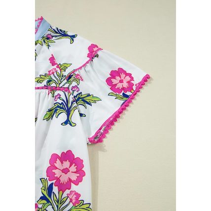 Rose Vintage Floral Print Contrast Notched V Neck Plus Size Summer Blouse
