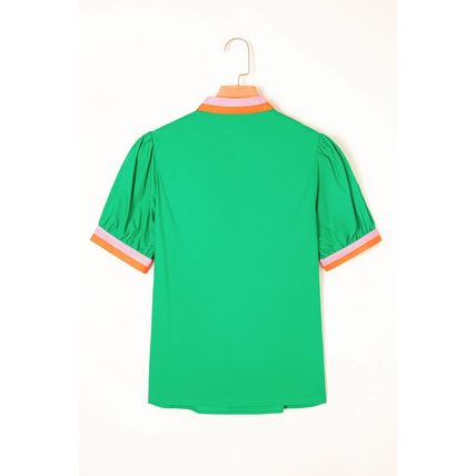 Bright Green Contrast Striped V Neck Collision Short Puff Sleeve Blouse