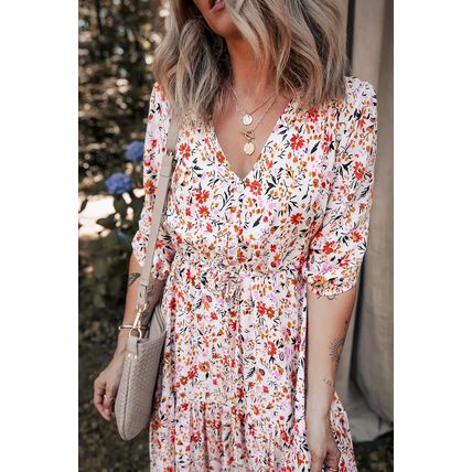 Red Boho Half Sleeve Floral V Neck Maxi Dress