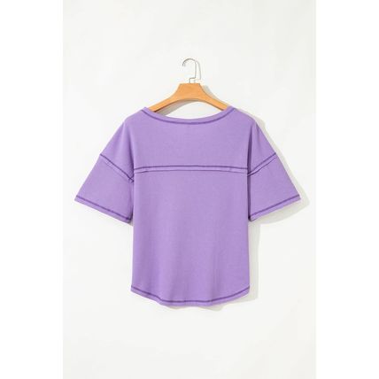 Purple Exposed Seam Half Sleeve Knitted V Neck Textured Top
