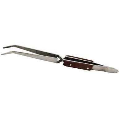 6 ½" Stainless Steel Cross Lock Tweezers w/Wooden Grip - 45° Curved Tip