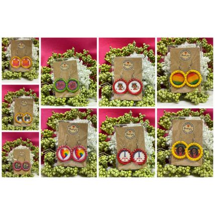 Paper Textures Bottle Cap Retro 60's Dangle Fish-hook Earrings Handcrafted