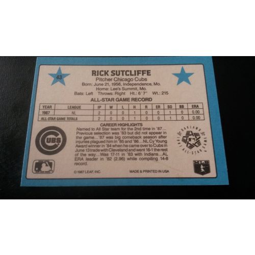 1988 Donruss All-Stars Card # 43 Rick Sutcliffe Excellent (5) Chicago Cubs